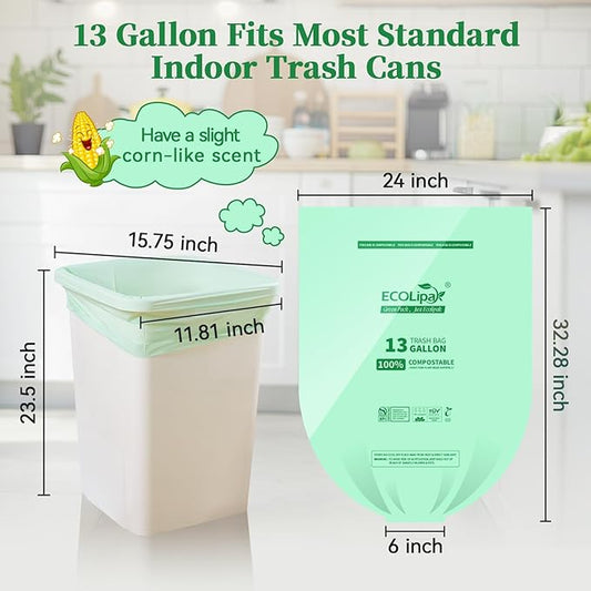 ECOLipak 13 Gallon Compostable Trash Garbage Bags, US BPI ASTM D6400 and OK - Image 2