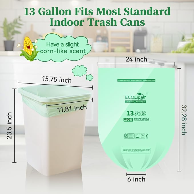 ECOLipak 13 Gallon Compostable Trash Garbage Bags, US BPI ASTM D6400 and OK - Image 2