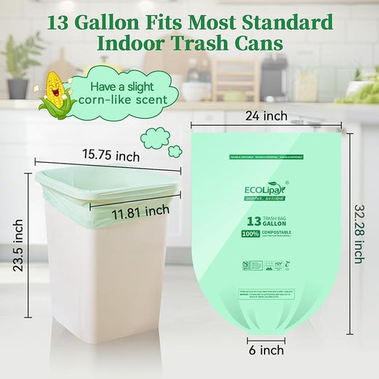 ECOLipak 13 Gallon Compostable Trash Garbage Bags, US BPI ASTM D6400 and OK - Image 2