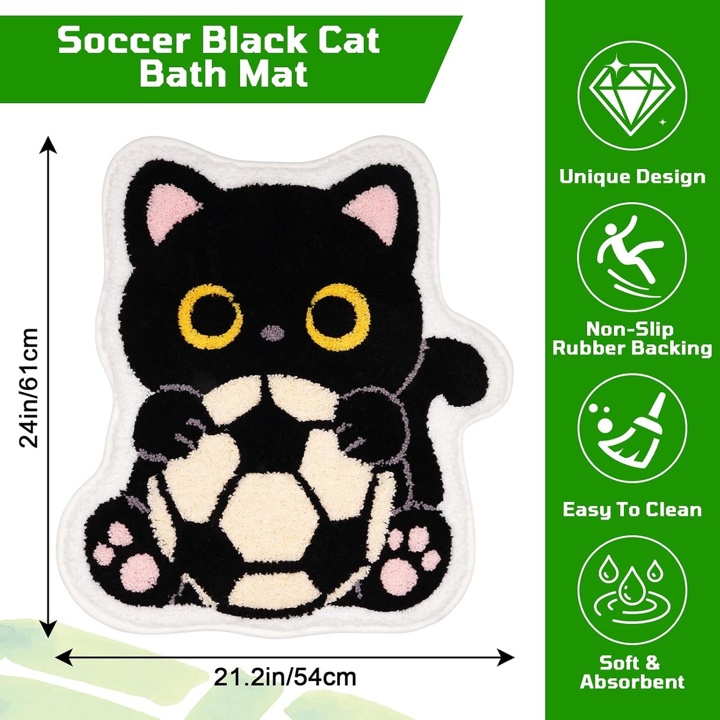 Black Cat Bath Mats for Bathroom,Sports Soccer Theme Cat Bathroom Mat with Holding Soccer,Soft Absorbent Non Slip Bath Rugs for Bathroom Shower Bedroom,24x21.2 Inch