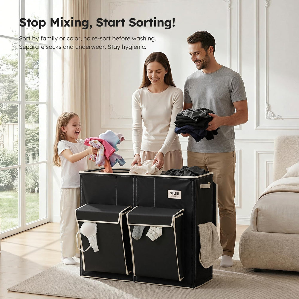 SOLEDI 220L Laundry Hamper 3 Section with Lid and 2 Side Pockets