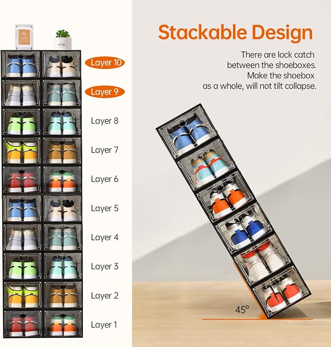 12 Pack Shoe Boxes Stackable, Upgraded Sturdy Shoe Storage Boxes - Image 5