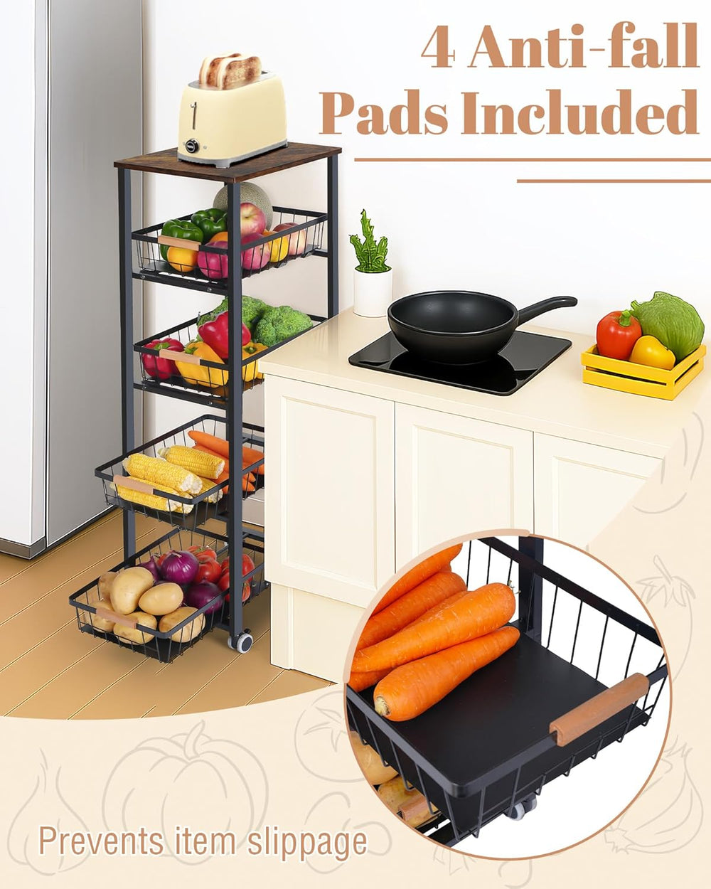 Mythinglogic 5-Tier Fruit & Vegetable Organizer with 4 Pull-Out Baskets