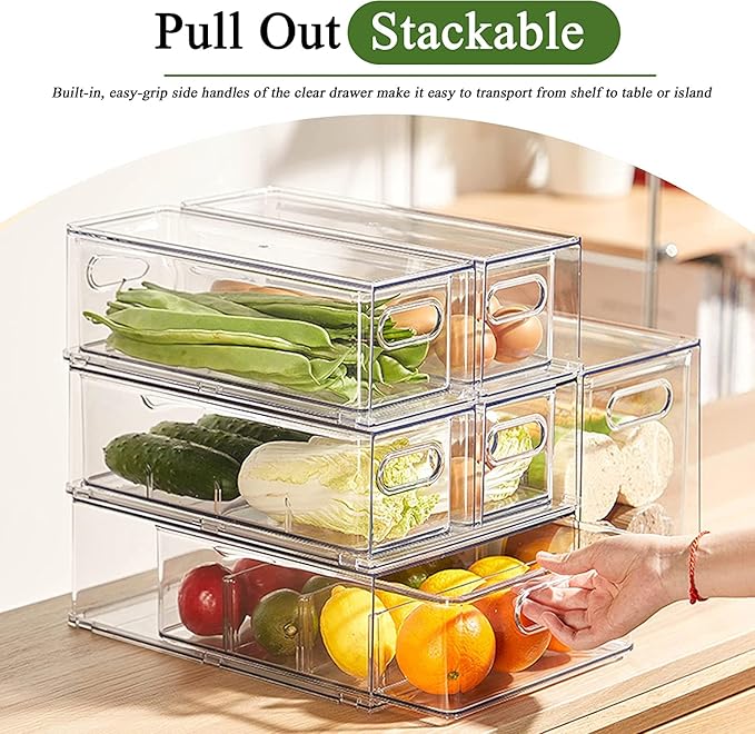 4 Pack Clear Storage Drawer Set, Stackable Fridge Drawer Organizer Fruit - Image 3