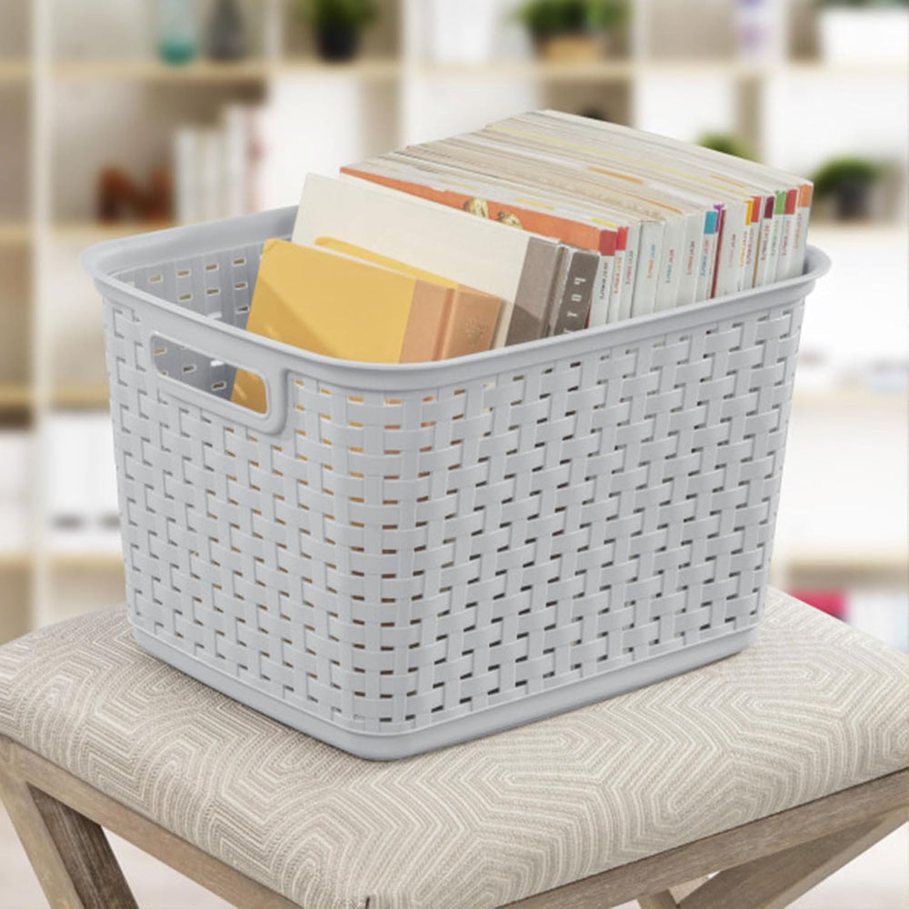 Sterilite Tall Weave Basket, Rectangular Plastic Décor Bin, Gray, 6 Pack