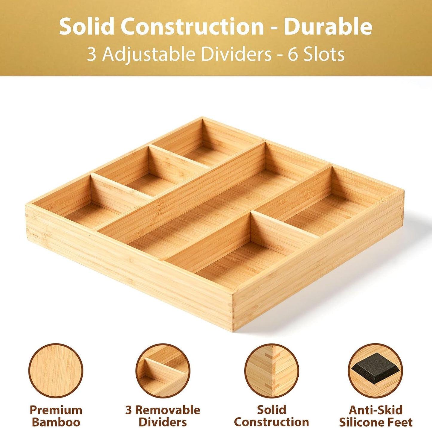 Bamboo Desk Drawer Organizer, Wood Office Junk Tray, 12"x12" | 1.8" Tall for Shallow Drawer - Adjustable dividers - Anti Slip Silicone Pads - Versatile Storage Box in Kitchen, Pantry