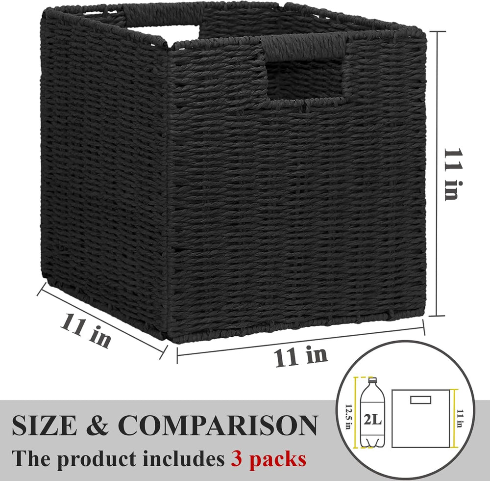 Wicker Storage Baskets for Organizing, 3 Pack Rustic Foldable Square Basket f...