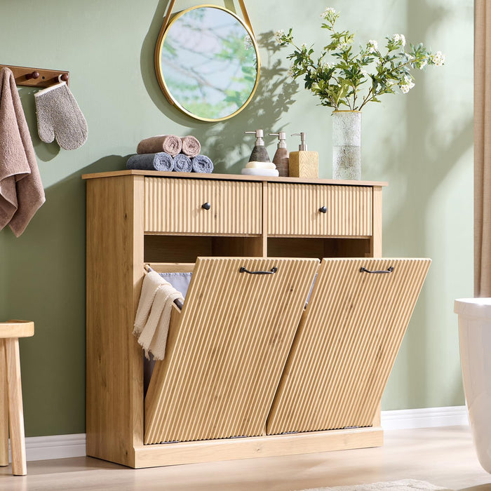IFBUY Double Tilt Out Laundry Hamper Cabinet, Modern Trash Cabinet, Natural
