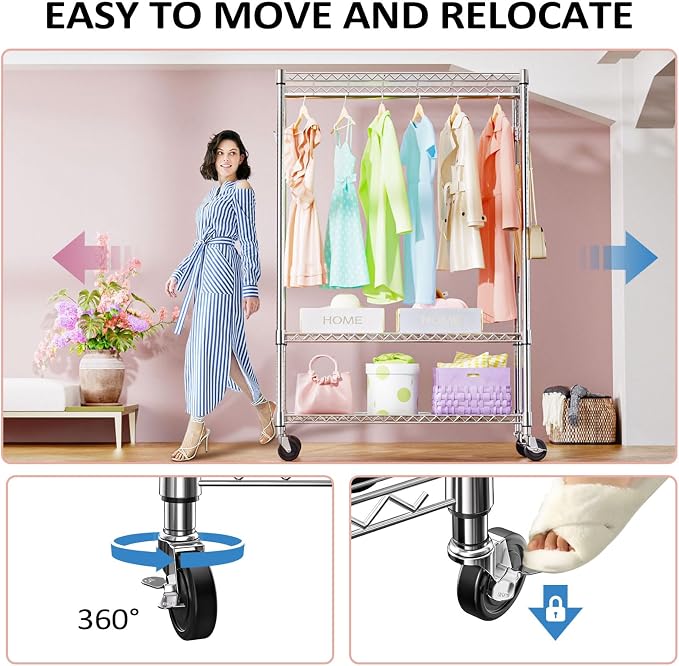 IZEUK 3 Tier Heavy Duty Rolling Garment Rack Wire Clothes Rack - Image 2