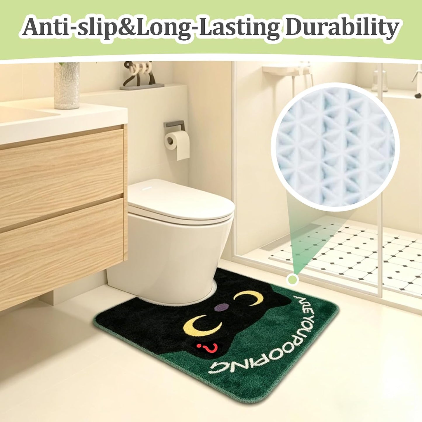 U Shaped Contour Toilet Rug, Non Slip Soft Water Absorbent Bathroom Floor Mat, Machine Washable Decorative Rug for Toilet Base, Cute Black Cat Pattern, 24 x 20 Inch