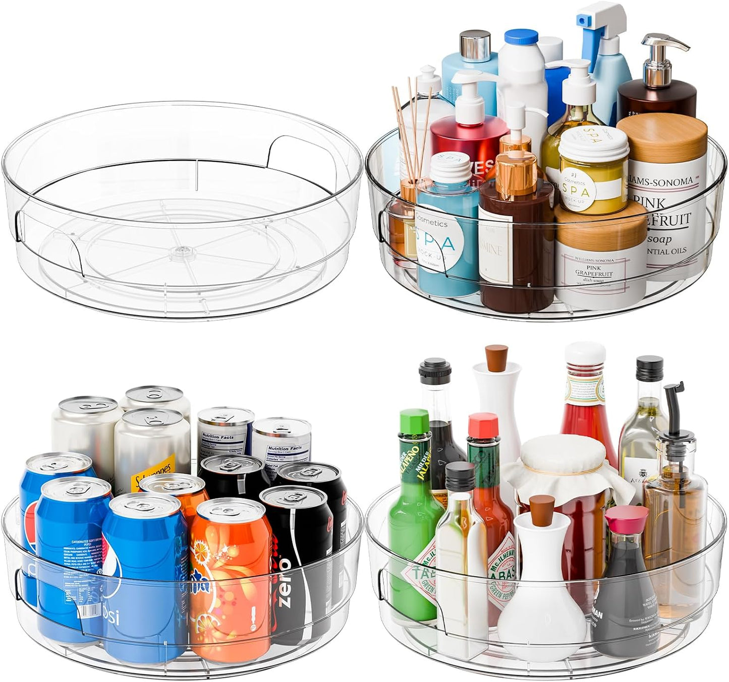 4 Pack 12" W Clear Acrylic Lazy Susan Turntable for Cabinet,Refrigerator,Pantry and Kitchen - with Handle - Large Fridge Sauce Condiment Turn Table Organizer,Spinning Round Spice Rack Carousel