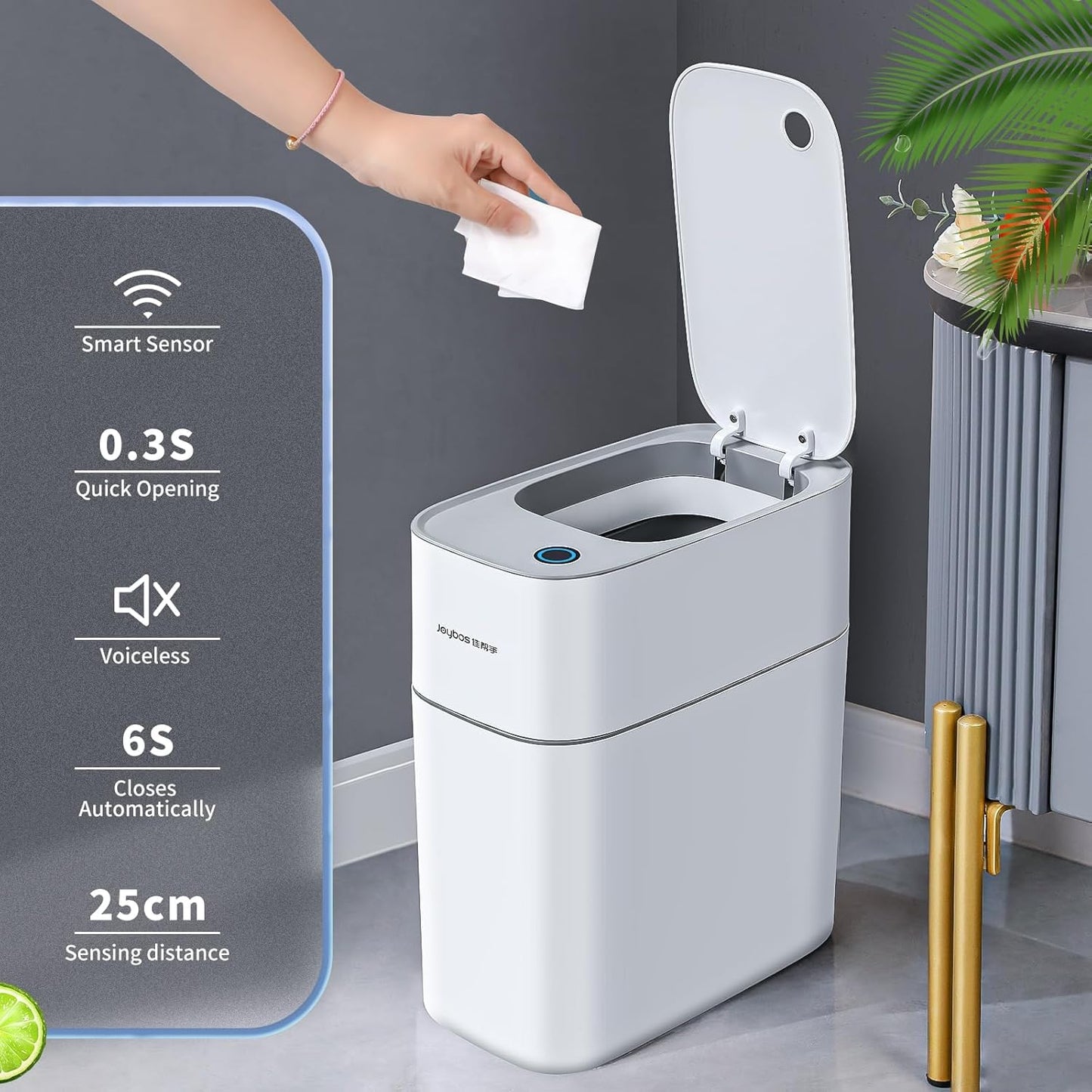 MOPUP Trash Can with Lid Automatic Garbage Can, 3.5 Gallon Slim Small White Plastic Smart Trash Bin, Narrow Motion Sensor for Bedroom, Bathroom, Toilet Office