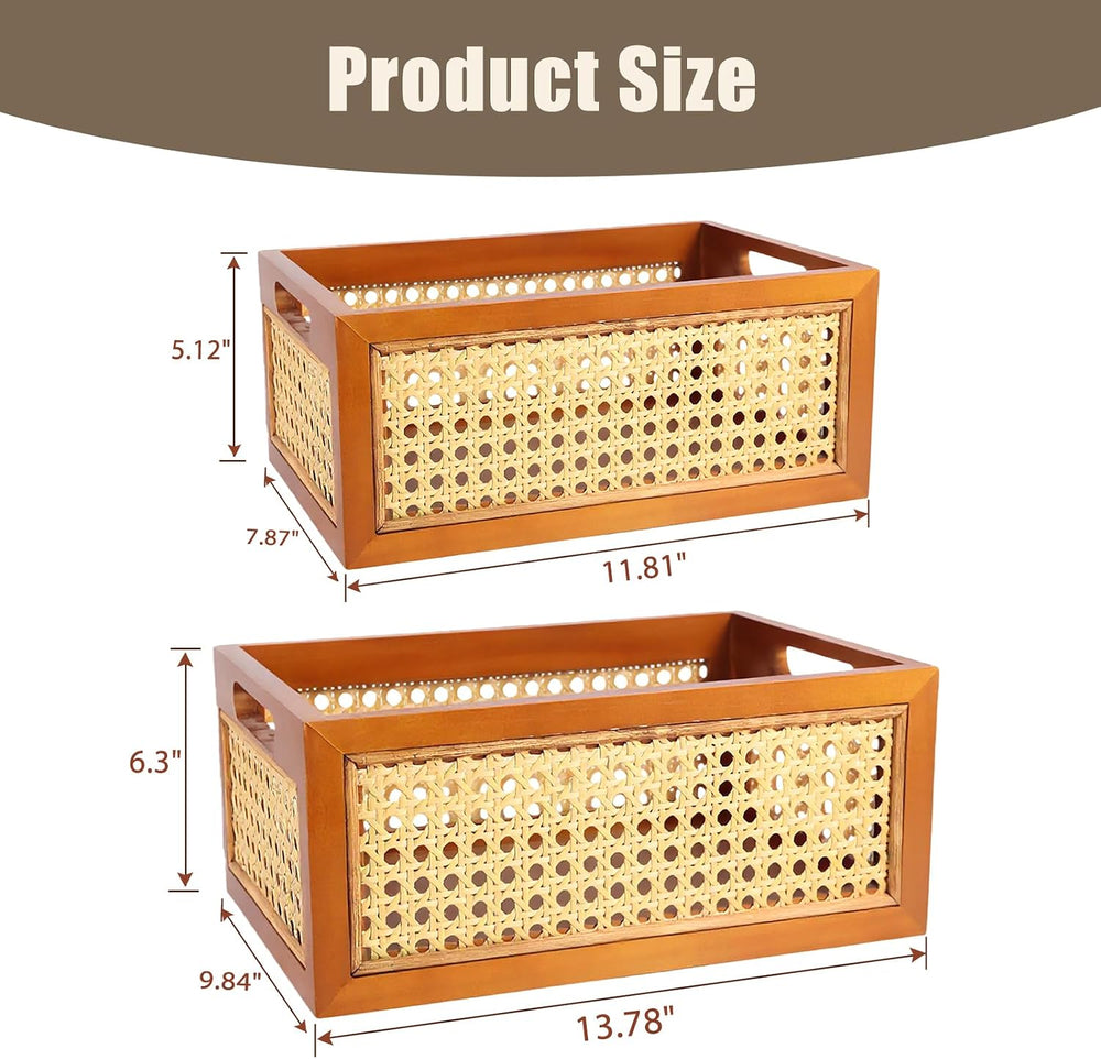 Rattan Storage Baskets Set, Wooden Frame with Woven Cane Design, Nesting Orga...