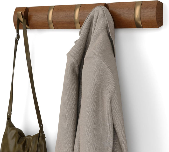 Umbra Flip Coat Rack, Wall Mounted 5-Hook Space Saving, Walnut/Gold
