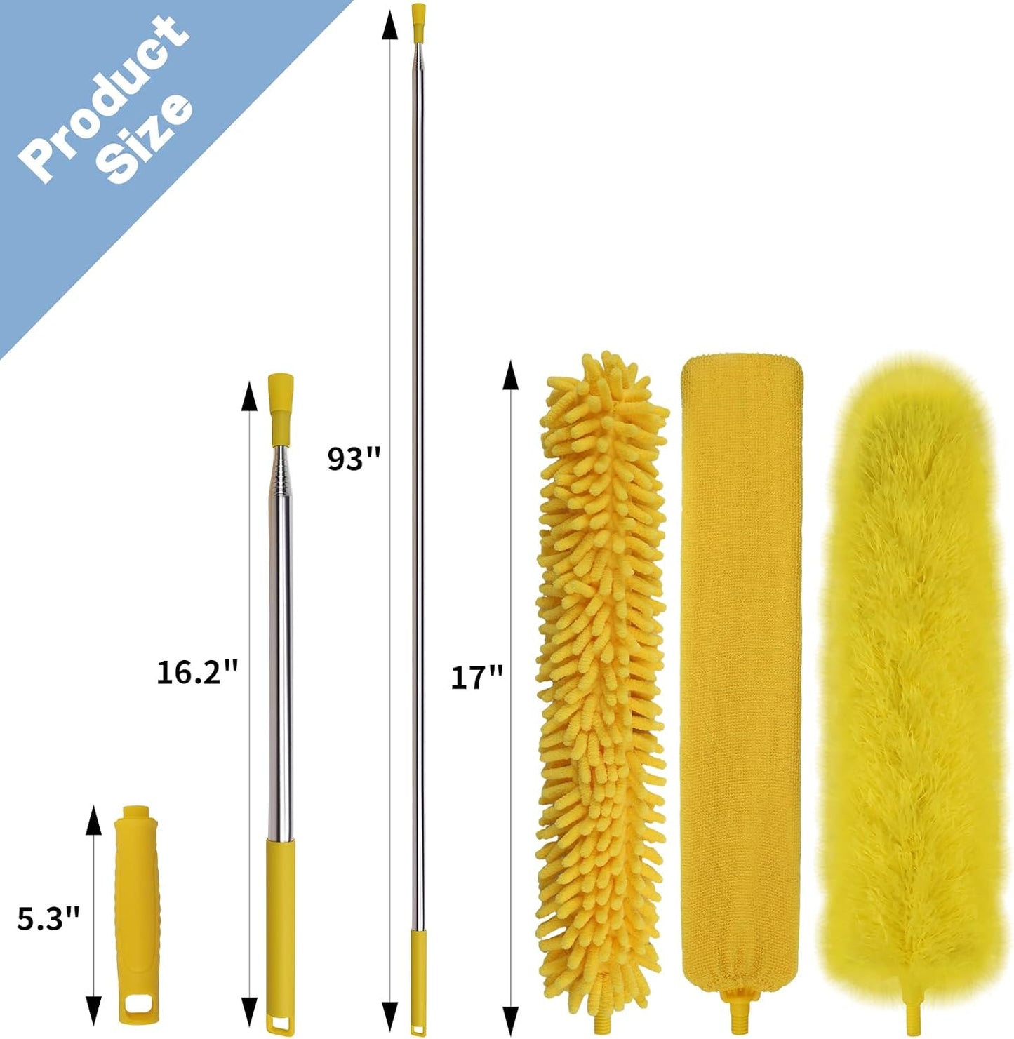 Dymoll Cobweb Duster with Extension Pole, 110" Microfiber Feather Duster Kit with Bendable Washable Heads, Spider Web Brush, Dusters for Cleaning Ceiling Fan, High Ceiling, Blinds, Furniture,2Pcs