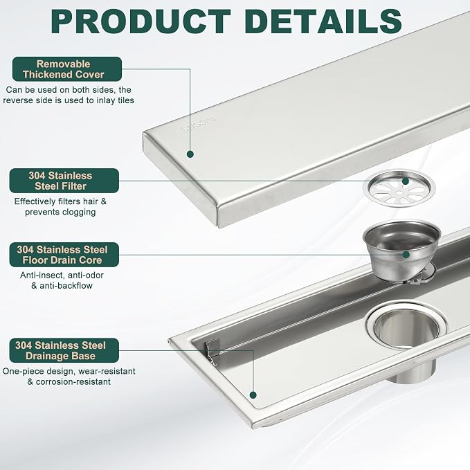 uxcell Rectangular Shower Drain, Brushed 304 Stainless Steel Odor-Proof Floor - Image 3