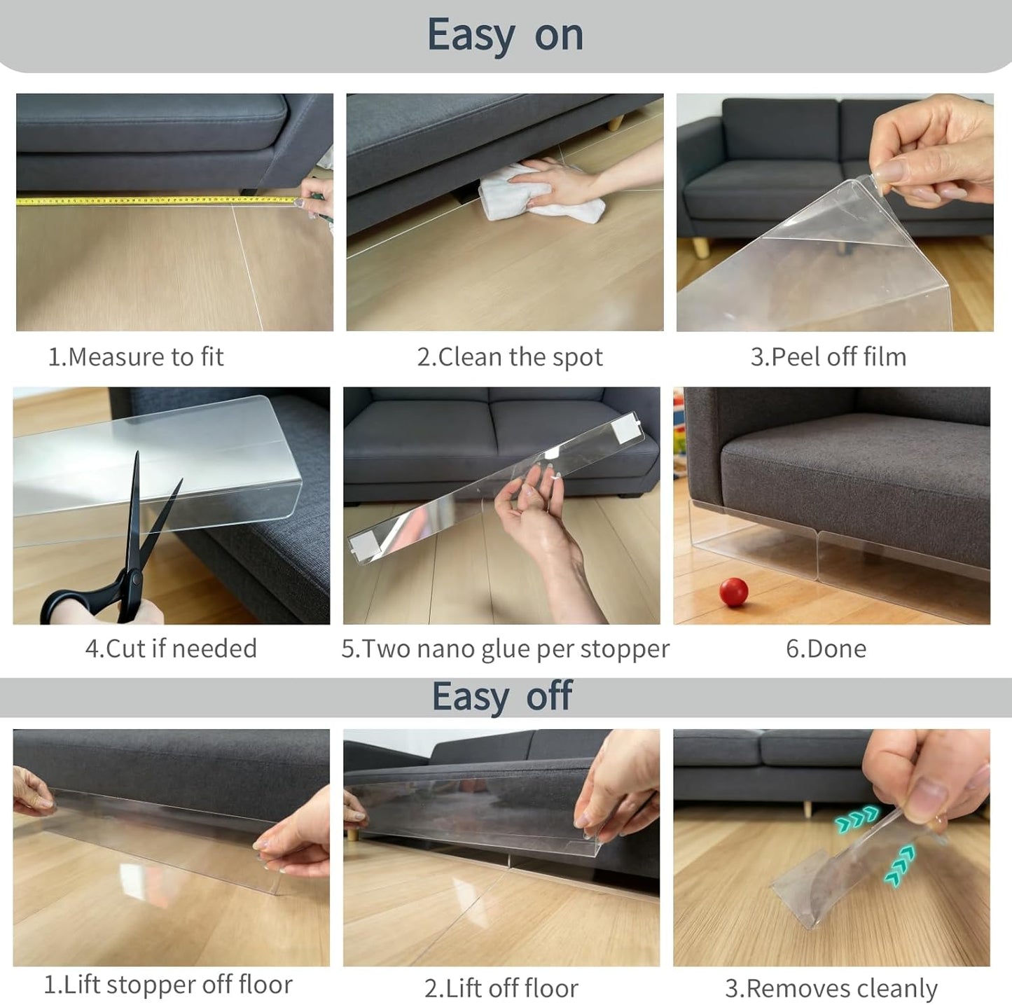 Under Couch Blocker 12-Pack, 15.8" L x 1.6" H, Total 190" L | Clear, Adjustable Gap Bumper, Keeps Kids' & Pets' Toys From Going Under Sofa and Bed