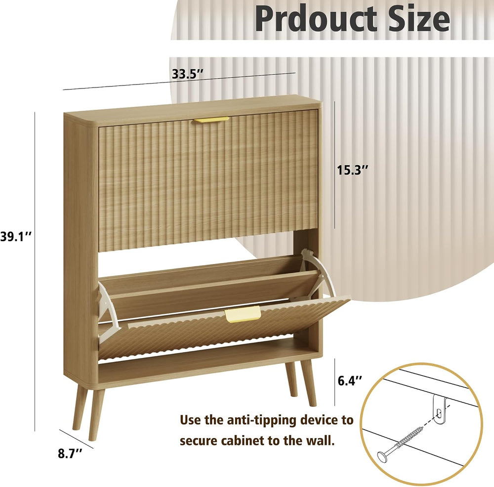 KIGOTY Narrow Shoe Storage Cabinet, Shoe Cabinet with 2 Flip Drawers, Freesta...