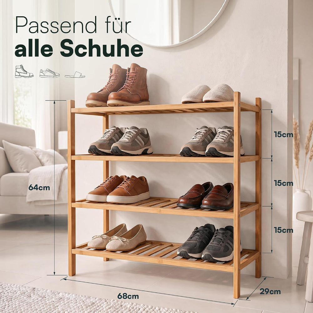 Bamboo Shoe Rack, Shoe Rack with 4 Levels, 68 x 28 x 64 cm, Expandable Stacka...