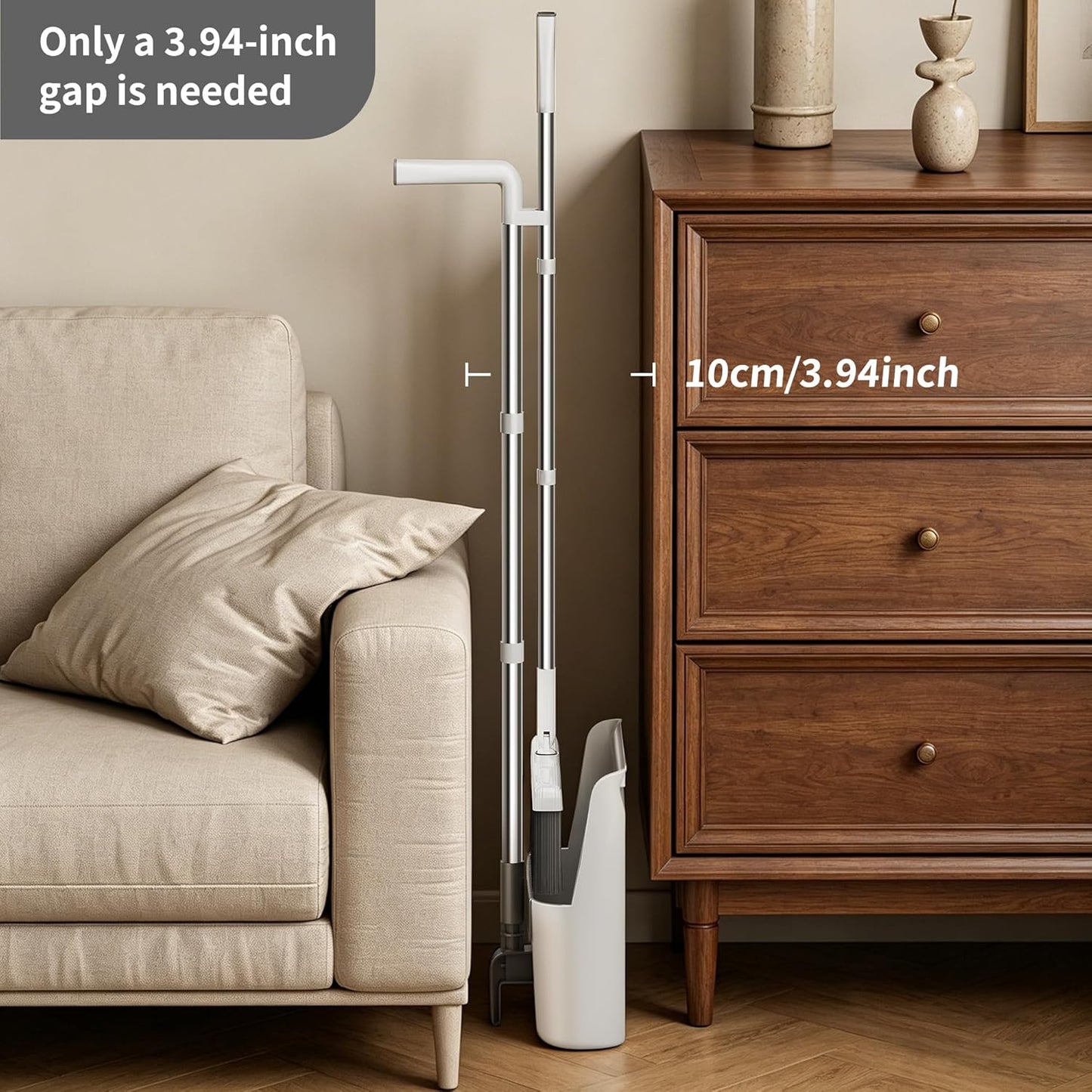 Household 53'' Broom and Dustpan Combo Set, Extra Long Handle Broom and ZeroGap Dustpan Sets with Teeth, Upright Storage Broom and Dustpan Sets for Home and Kitchen Off White