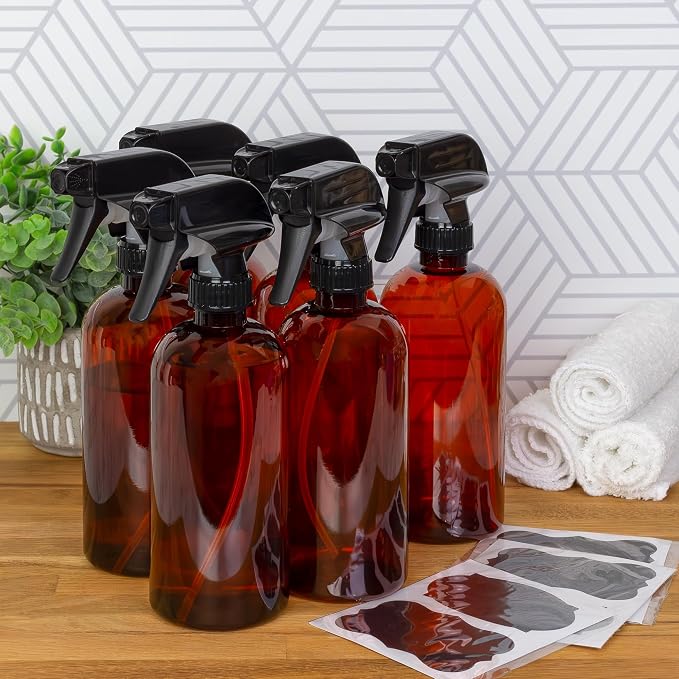 Cornucopia Brands 16oz Amber PLASTIC Spray Bottles w/Heavy Duty Mist & Stream - Image 2