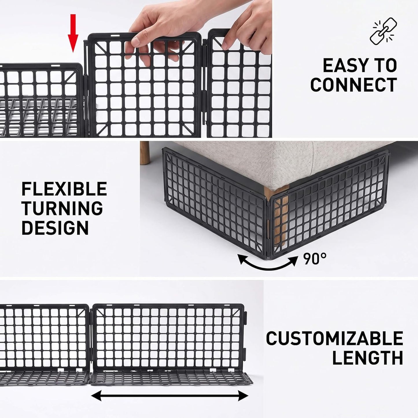 12Pcs Under Couch Blocker for Bed Adjustable Furniture Plastic Under Bed Blocker with 32ft Cut-to-Size Hook & Loop Secured Furniture Feet Ties & 40 Ties, Black Couch Barriers for Dogs Pets Cat