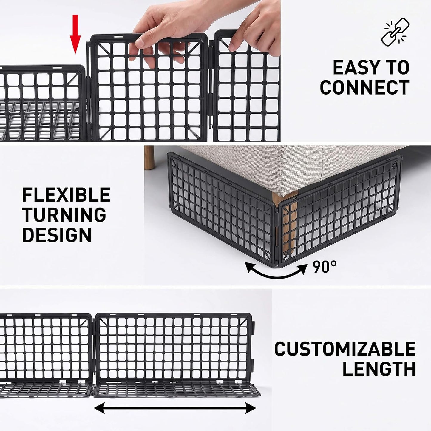 12Pcs Under Couch Blocker for Bed Adjustable Furniture Plastic Under Bed Blocker with 32ft Cut-to-Size Hook & Loop Secured Furniture Feet Ties & 40 Ties, Black Couch Barriers for Dogs Pets Cat
