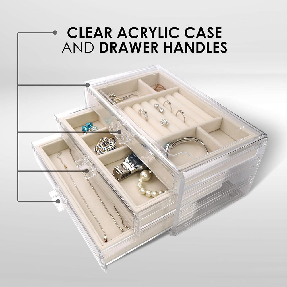 Acrylic Jewelry Organizer Box Women - 3 Drawers Clear Storage Case for Girls ...