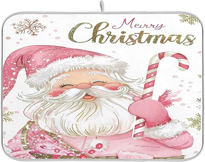 Christmas Santa Claus Pink Dish Drying Mat by Wamika