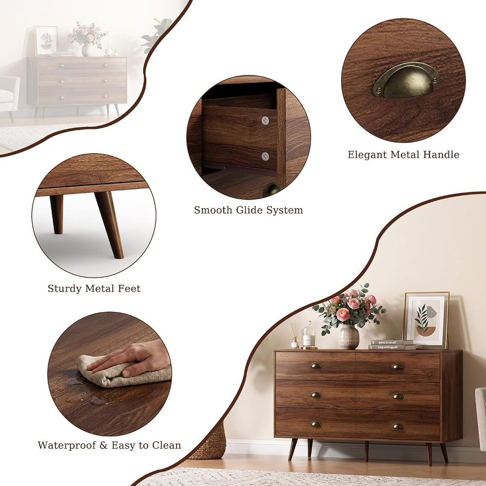 Walnut 6 Drawer Dresser for Bedroom, 47" Wood Dresser with Gold Handles.