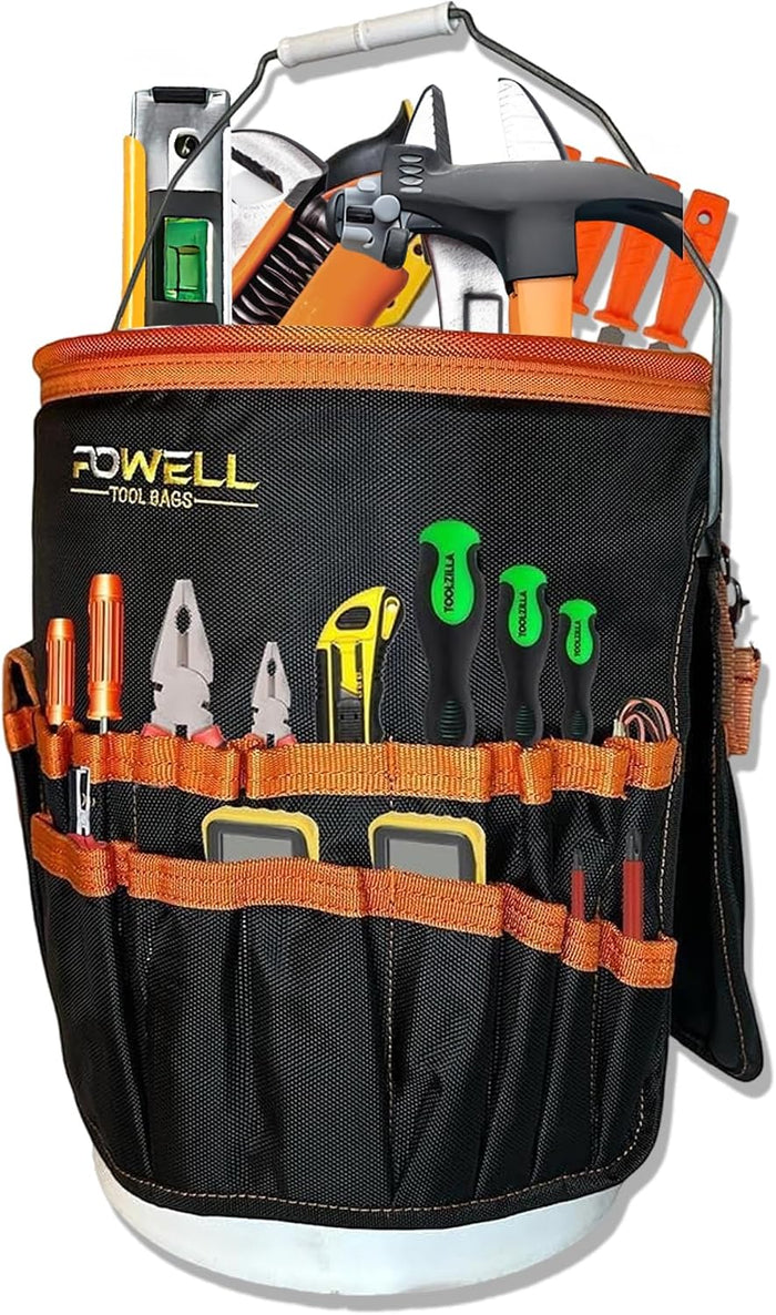 5 Gallon Bucket Tool Organizer Bag - Multi-functional Tool Bucket Bag with 30 Pockets - Lightweight Wear & Tear Resistant Polyester Bucket Organizer Tool Storage Bag (Black)