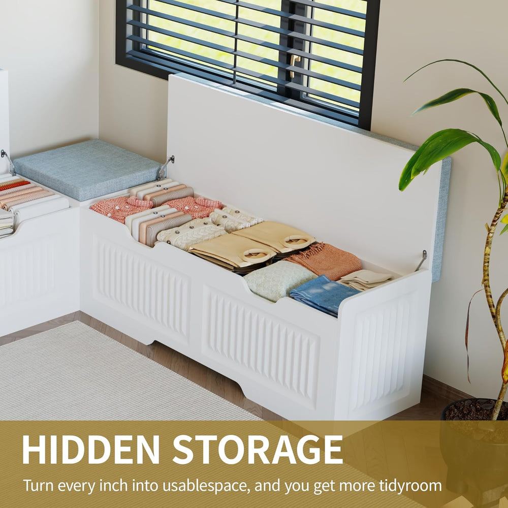 White L-Shaped Storage Bench with Hidden Storage Space