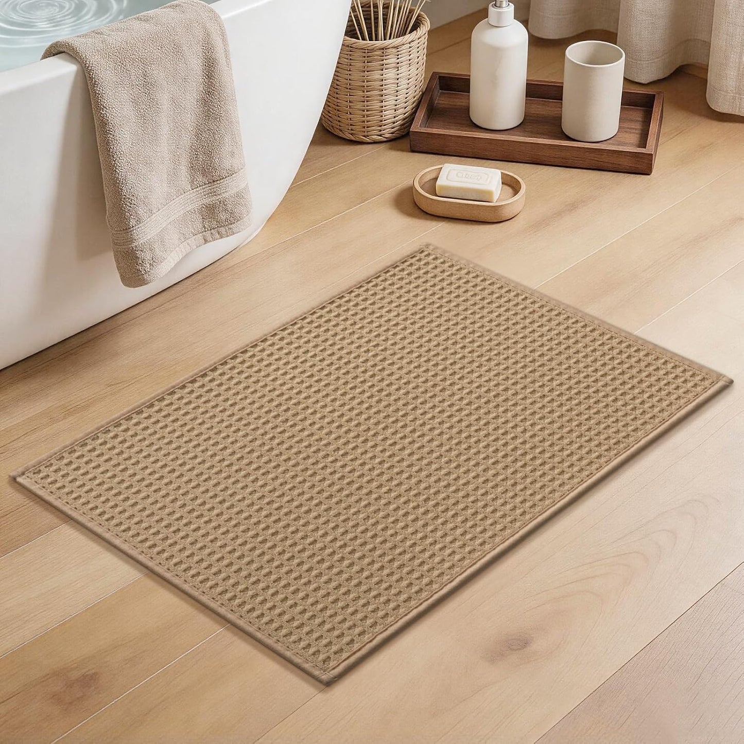 YIHOUSE Waffle Ultra Thin Small Bath Mat, Soft & Absorbent Bathroom Rug, Non-Slip Rubber Backed, Quick Dry Shower Mat, Boho Farmhouse Bathroom Decor, Machine Washable, Khaki, 17 * 24