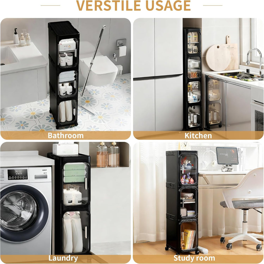 2-Tier Narrow Slim Bathroom Storage Cabinet with Wheels, Black