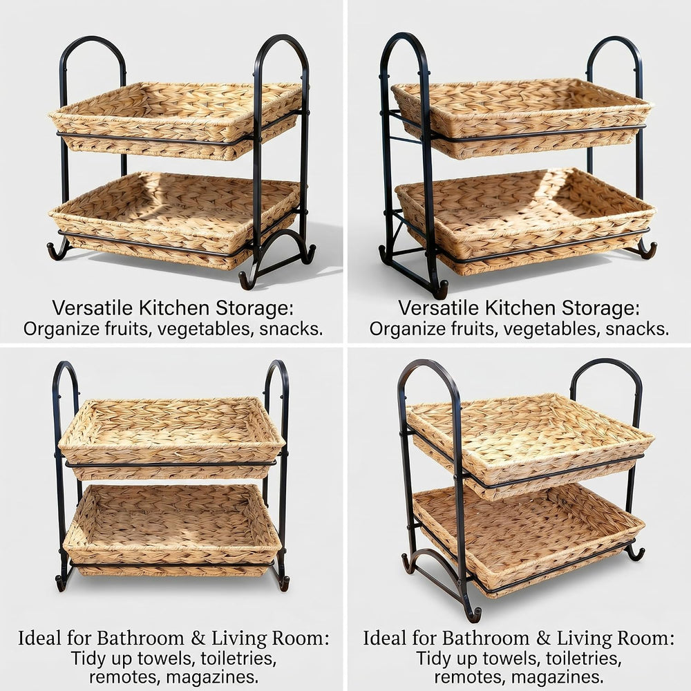 2-Tier Faux Rattan Wicker Storage Basket with Metal Frame, Countertop Organiz...