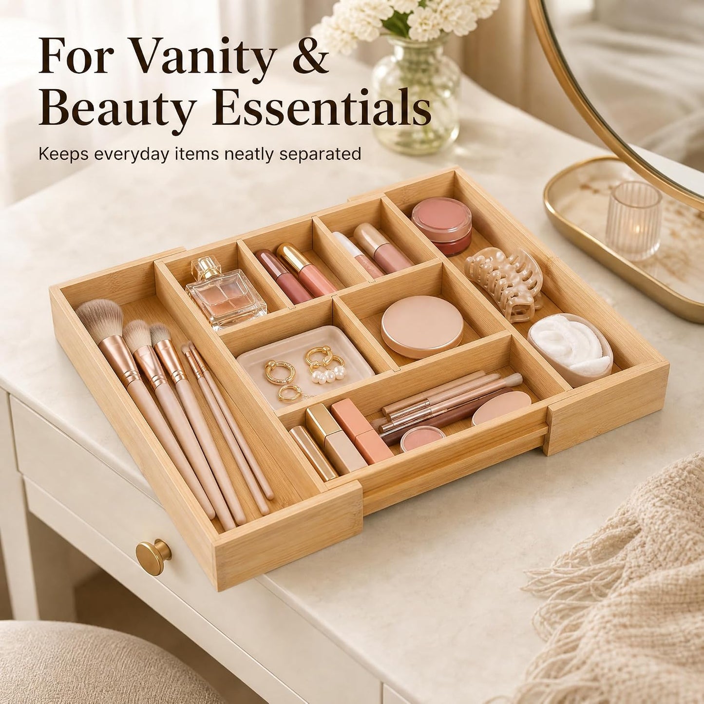 Bamboo Drawer Organizer Expandable Desk Storage Set, 10 Adjustable Compartment Junk Drawer Divider and Trays Containers for Kitchen Utensil, Office Supplies, Makeup, Jewelry & Cosmetics Organization