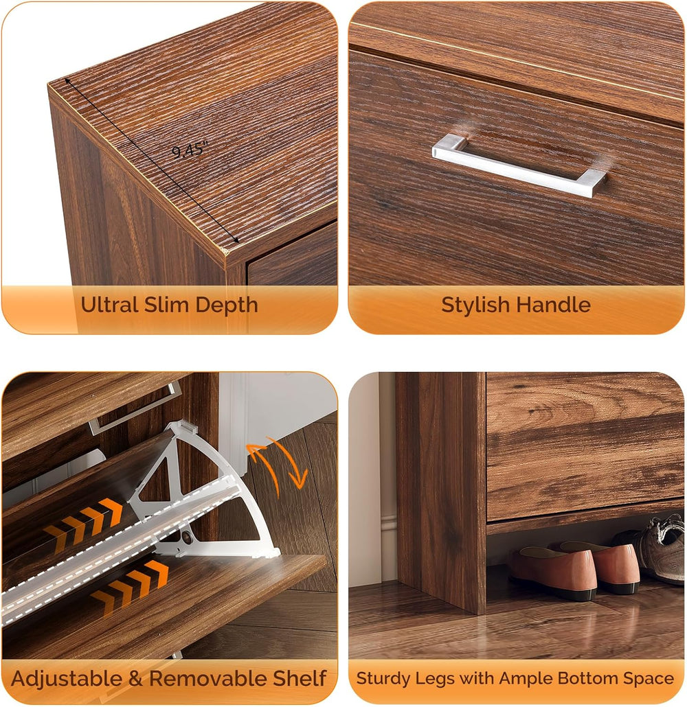 VINGLI Walnut Shoe Cabinet for Entryway, Slim Rustic Shoe Storage Cabinet wit...