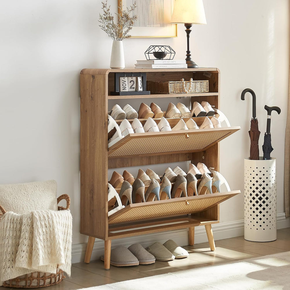 Shoe Storage Cabinet with 2 Flip Drawer Natural Rattan Shoe Cabinet Organizer...