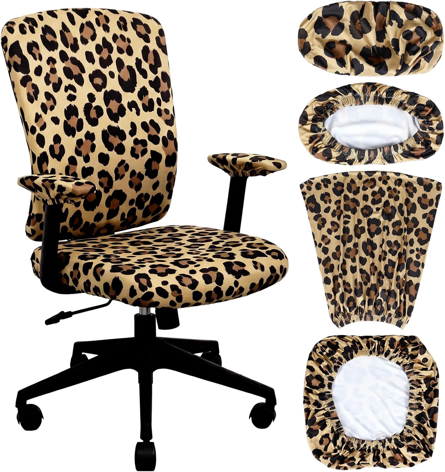 Suncalla 4 Pcs Cheetah Printed Office Chair Covers Set Stretch Leopard Computer Universal Protective Stretchable Chair Seat Covers Washable Desk Armrest Slipcovers Pads for Office Rotating