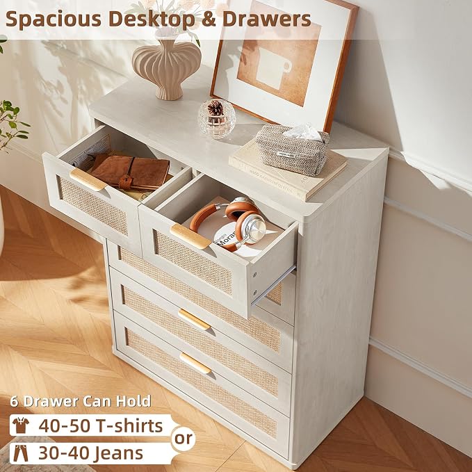 LEYAOYAO White Dresser for Bedroom Set of 2, Modern 6 Drawers Boho Rattan - Image 6