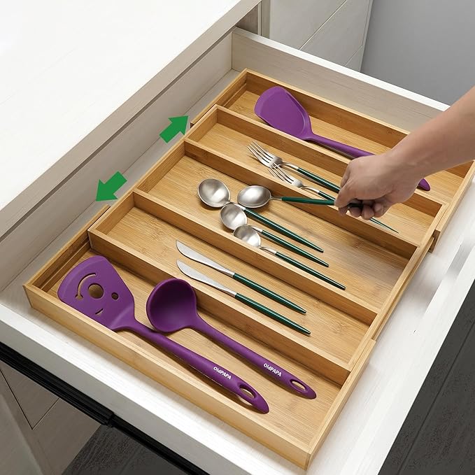 Utoplike Bamboo Expandable Kitchen Drawer Organizer, Adjustable Utensil Holder - Image 2
