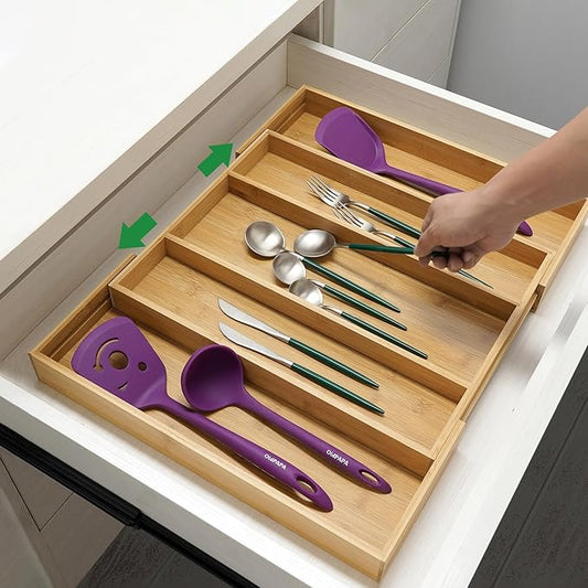 Utoplike Bamboo Expandable Kitchen Drawer Organizer, Adjustable Utensil Holder - Image 2