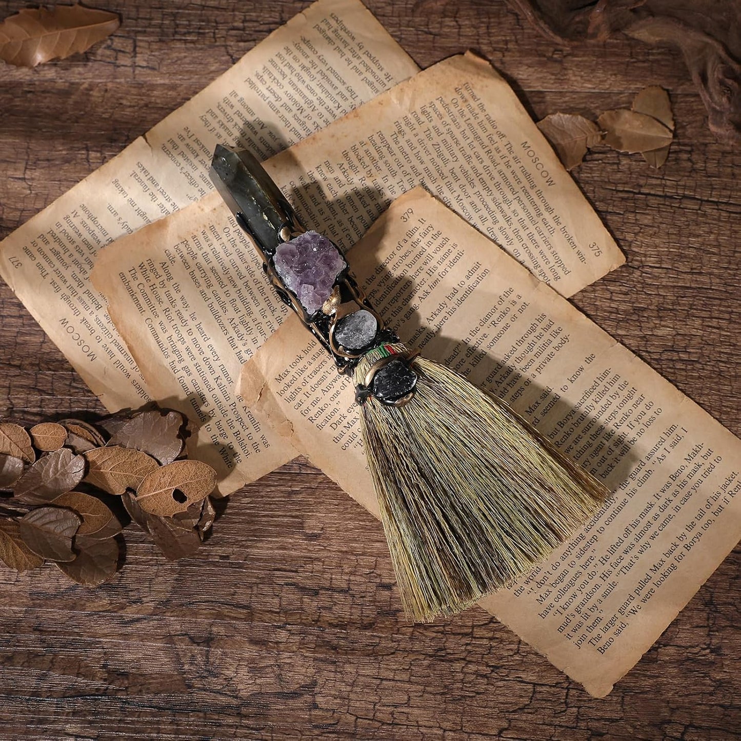 RENEMEGO Witch Broom Witchcraft Supplies - Altar Supplies with Labradorite Wiccan Stuff Magic Broomstick with Natural Healing Crystals Hexagonal Points Pagan Reiki Energy Clearing Decor
