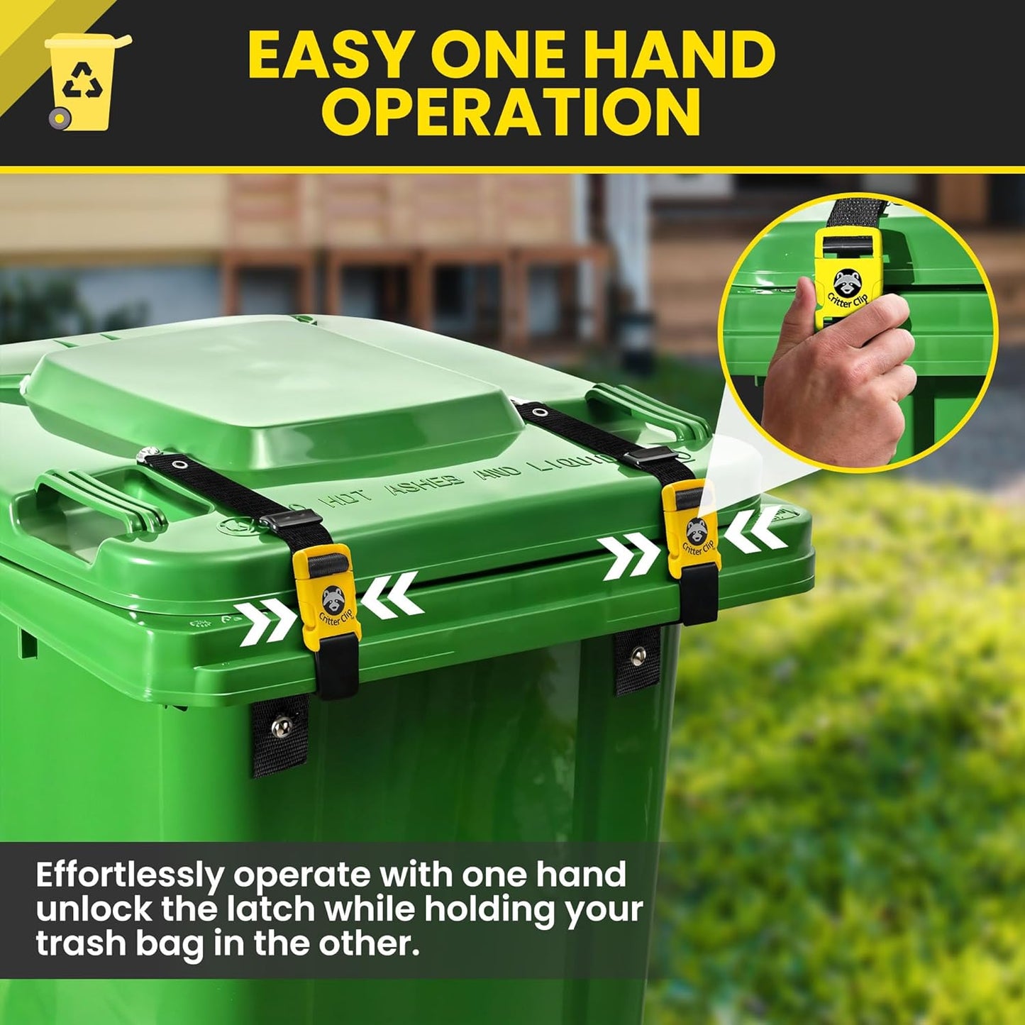 Critter Clip The Original Trash Can Locks for Animals – Heavy Duty Bear Proof Garbage Can Lid Lock Straps with Buckles for Outdoor Garbage Bin, Raccoon Deterrent, Quick Setup in Securing Bins - 2PCS