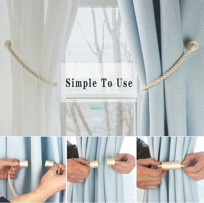Magnetic Curtain Tiebacks 4 Pack Beige Curtain Rope Tieback Curtain Holders - Image 3