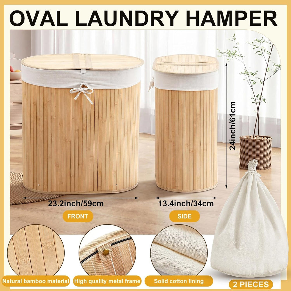 Gueevin Oval Bamboo Laundry Hamper with Lid, Carbon, 24 x 23 x 13 Inch