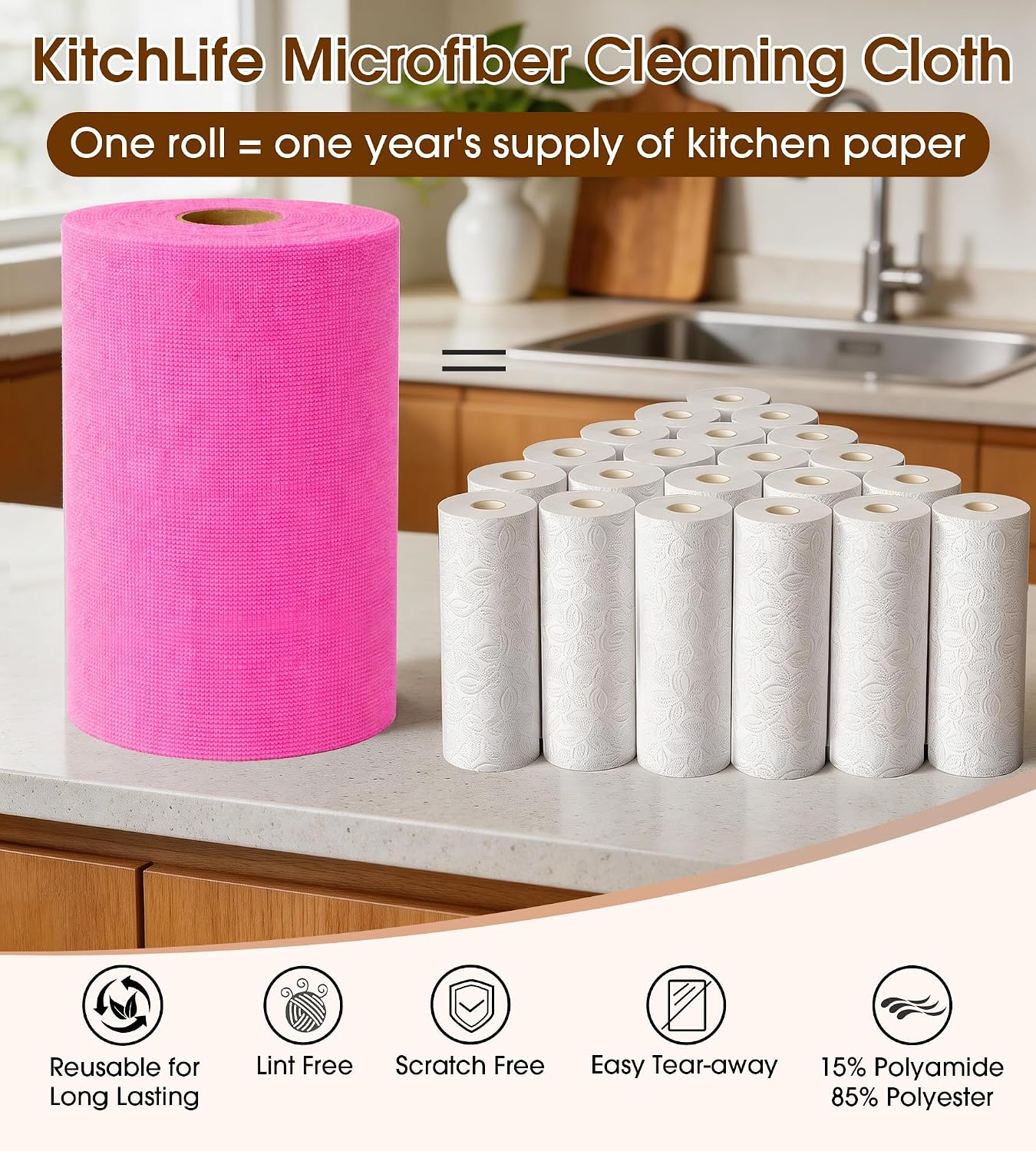 Microfiber Cleaning Cloth Roll, 100 Pack, 12 x 12 Inch Tear Away Reusable Paper Towels, Thick Cleaning Towels, Absorbent Lint Free Washable Rags for Kitchen, Car, Garage and Workshop - Hot Pink