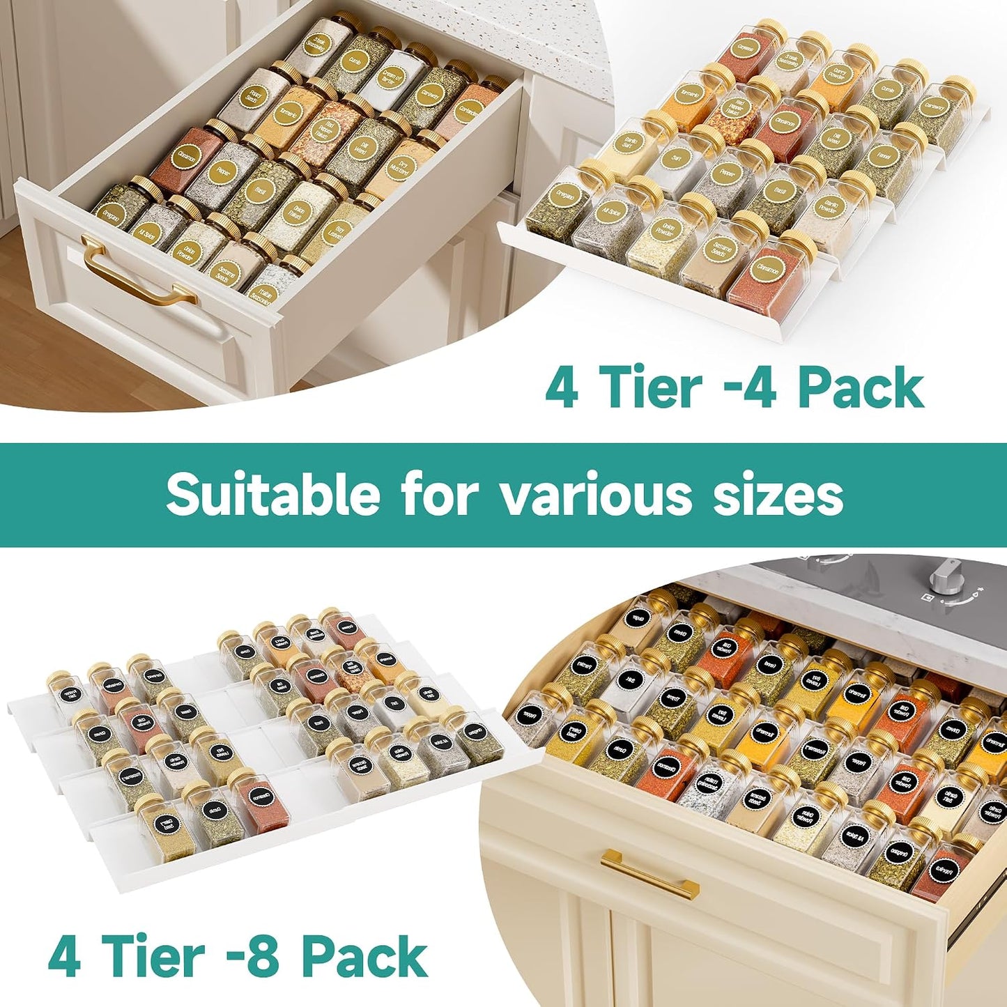 MIUKAA White Spice Drawer Organizer, 4 Tier - 8 Pack Seasoning Organizer for Drawer, Expandable From 13" to 26" Kitchen Drawer Spice Rack (Jars not Included)