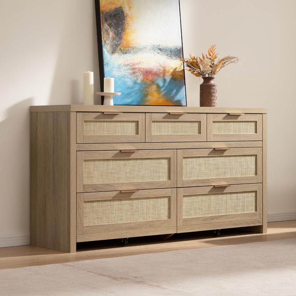 SICOTAS 7 Drawer Rattan Dresser for Bedroom, 57" Wide Dresser