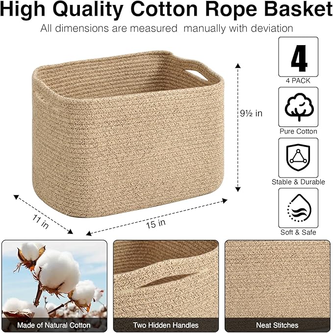 Storage Baskets for Organizing & Shelves, Woven Cotton Rope Organization Bins - Image 3